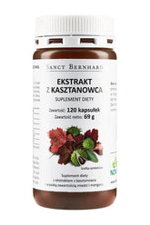 Kräuterhaus Sanct Bernhard Horse Chestnut Vine Leaf supplement bottle with 120 capsules, featuring herbal imagery.